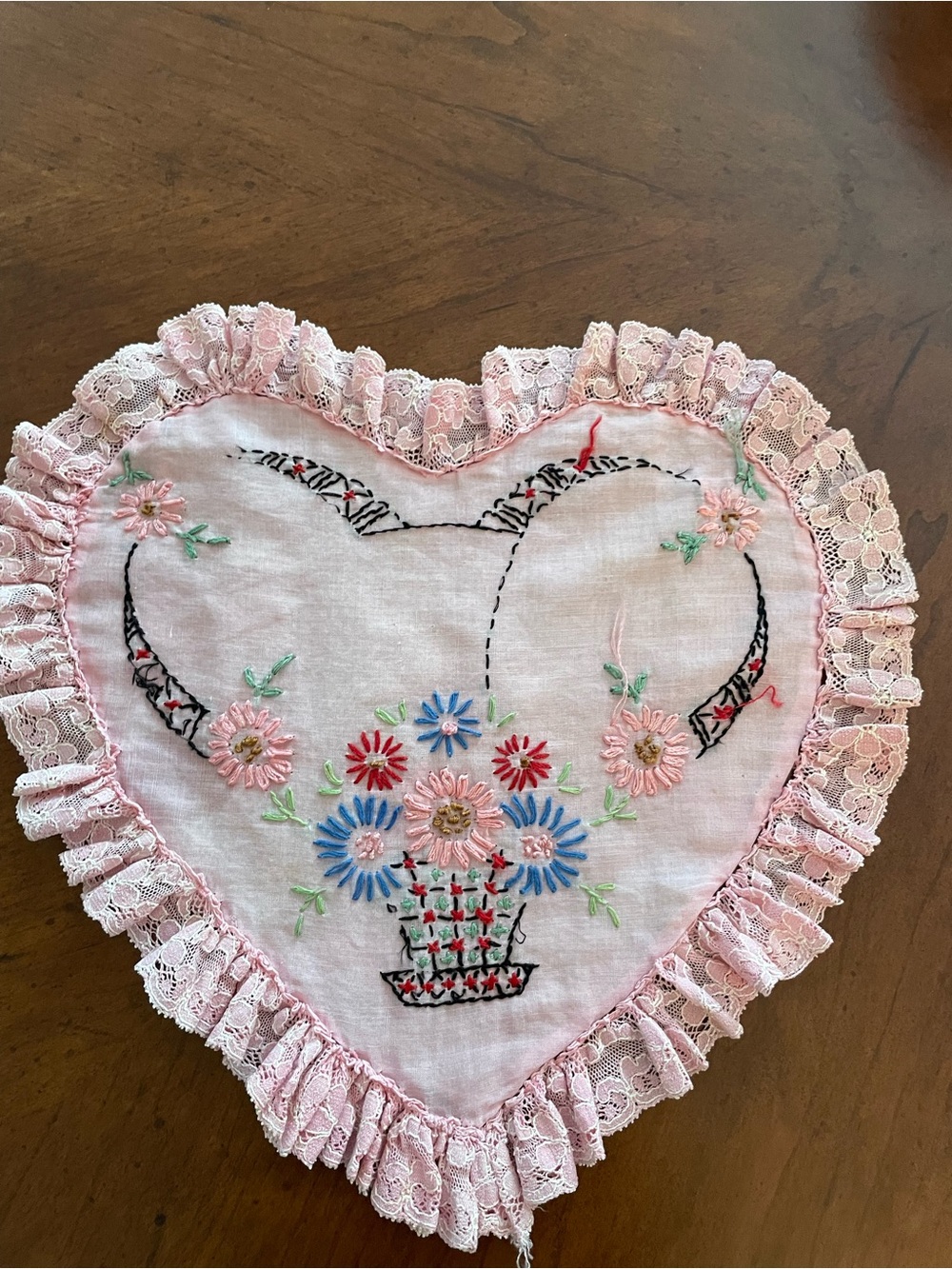 Hand‑Embroidered Heart linen in Pink with Floral Motif